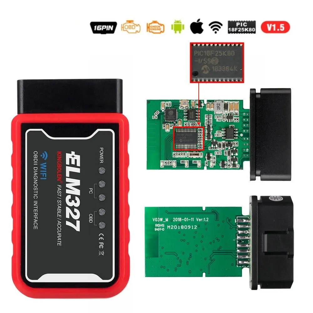 ELM327 WIFI v1.5 OBD2 ELM327 V1.5 Bluetooth/WI-FI автомобильный диагностический инструмент ELM 327 считыватель кода OBD чип PIC18F25K80 работы Android/IOS/окна автомобиля 12 V - Цвет: ELM327 WIFI v1.5