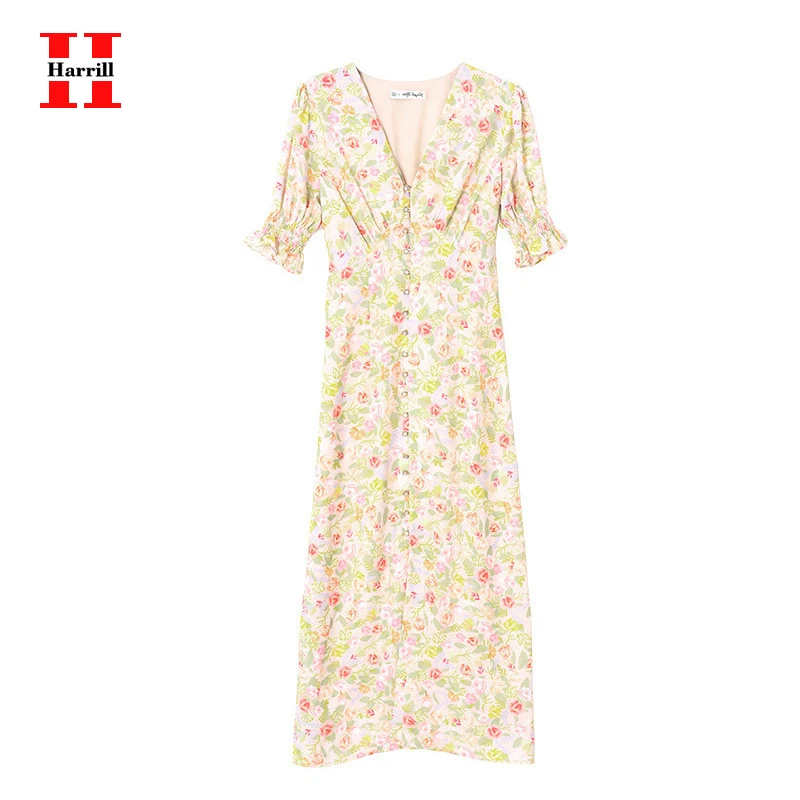 

Patchwork Mid-Calf Dresses Female Casual A-Line Dress Summer Women Clothes Floral V-Neck Summer Dress Ladies Sundresses