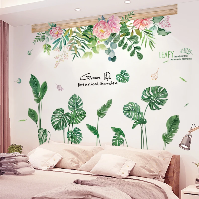 

[shijuekongjian] Flower Grass Wall Stickers DIY Green Leaves Wall Decals for Living Room Shop Nursery Kitchen House Decoration