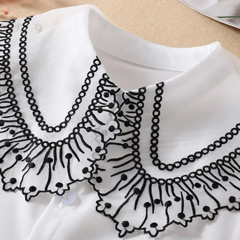 

Womens Blouse Sweater Decorative Lapel Fake Collar Polka Dot Embroidery Lace Chiffon Detachable Half Shirt Tie Button Apparel