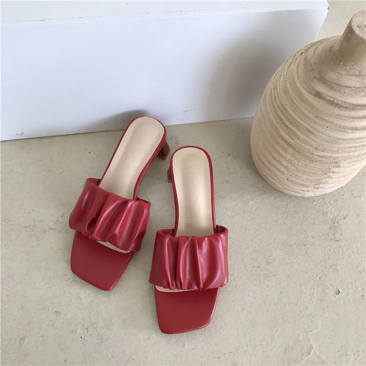 

Shoes Womens Slippers Outdoor Square Toe Pantofle Med Slides 2020 Soft Pleated Fabric Basic Hoof Heels Rome Concise Rubber PU