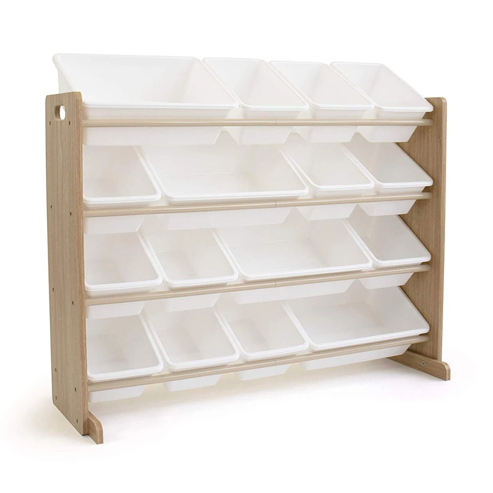 

Wooden Kids Toy Storage Organizer with 16 Plastic Bins X-Large Cartoon Animal Cube Storage Nursery Toys Organizers