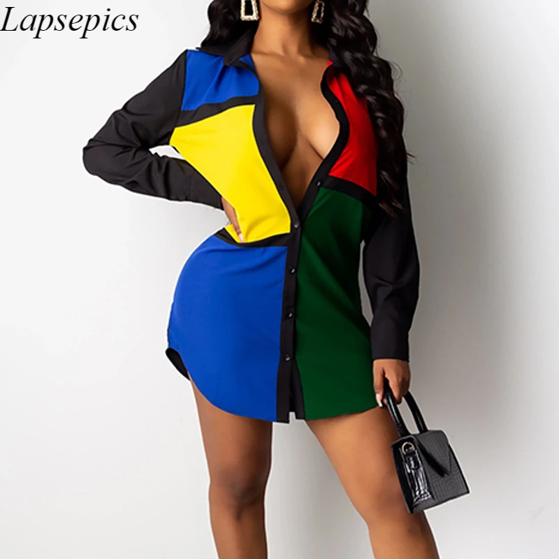 

Women Patchwork Color Block Long Sleeve Shirt Dress Turn Down Collar Single Breasted Asymmetrical Shirt Dress