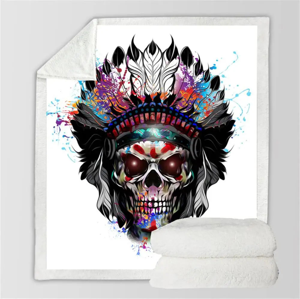 

Stylish Colored Retro Skull Print Sherpa Throw Blankets 3D Comfortable Warm Sofa Office Plush Blanket Bedroom Home Textile