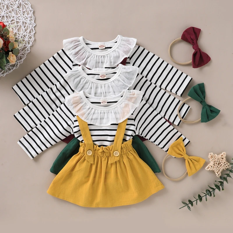 Детский костюм полосатая футболка с длинными рукавами + юбка на бретелях платье