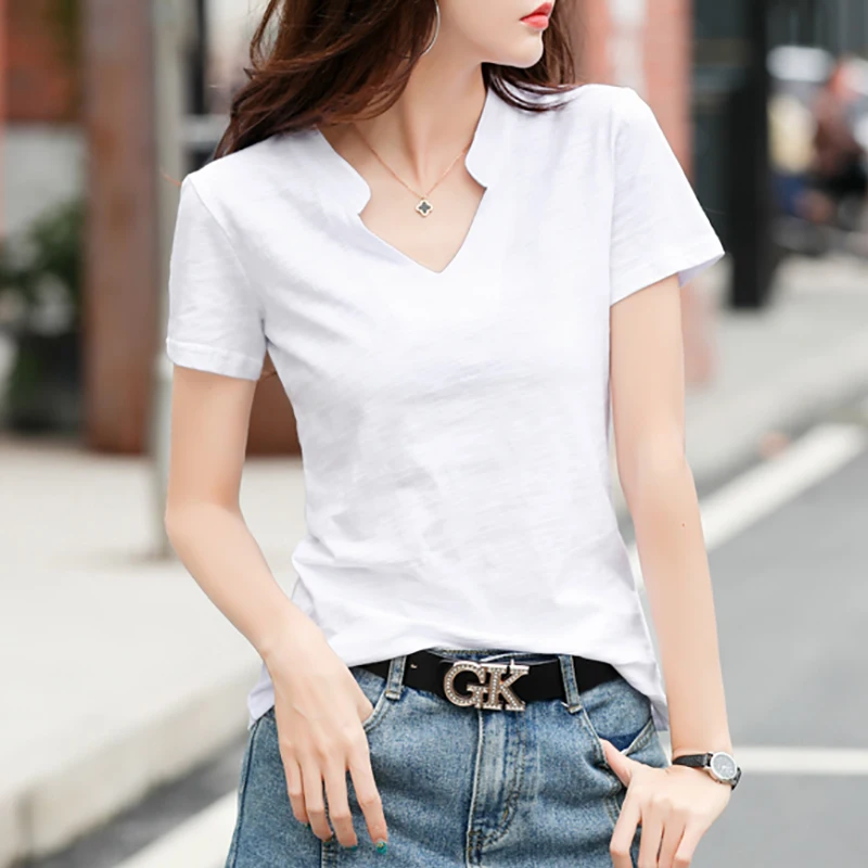 

New Summer Women T Shirt Loose Short Sleeve Bamboo Fiber Simple Basic Tops Female V Neck Thin Slim Casual All Match Tee T-Shirt