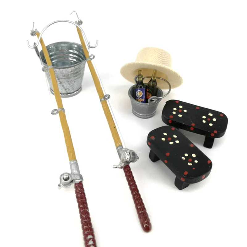 

1/12 Dollhouse Miniature Fishing Rod Hat Bucket Stool Model Doll Life Scene Doll House Decoration Gift Accessories