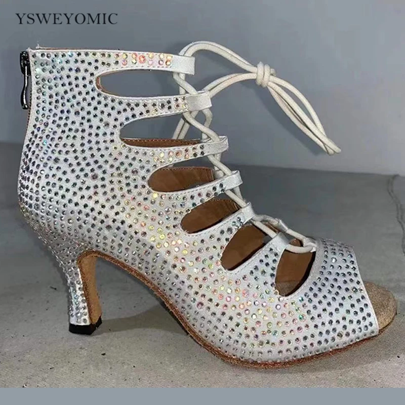Latin Dance Boot Rhinestones Women Dance Shoes Blue White Black Satin Latin Women Salsa Shoes Dancing Party Wedding Dance Boot