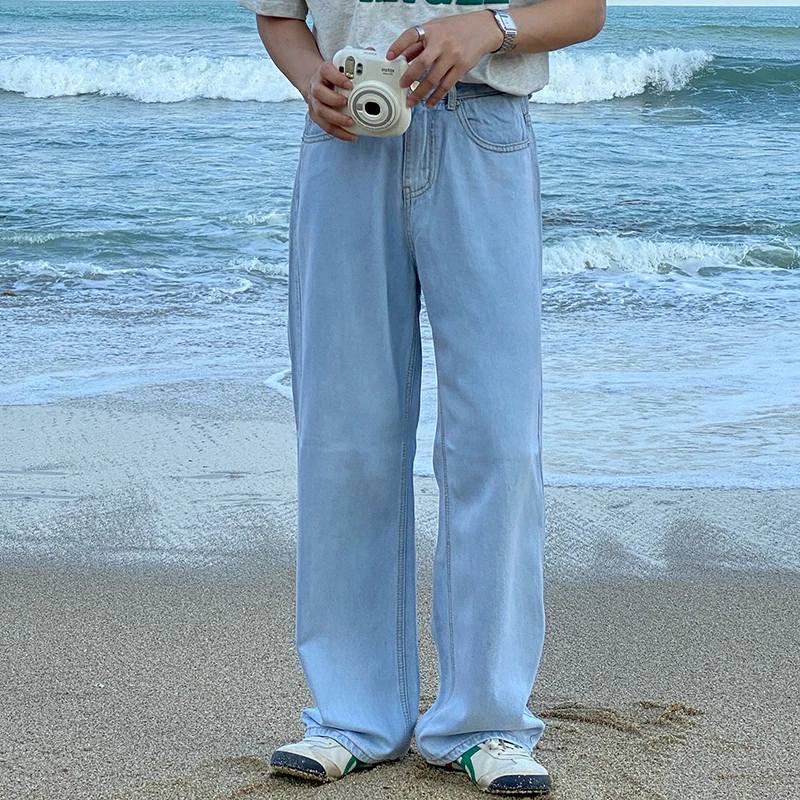 

IEFB Summer New Light Blue Jeans Men's High Waist Lightweight Wide Leg Denim Long Pants Causal Fashion 2021 New Clothing 9Y7420