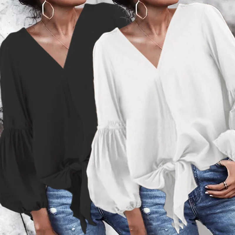 Осенняя Женская рубашка повседневная свободная сексуальная v-образные вырезы с