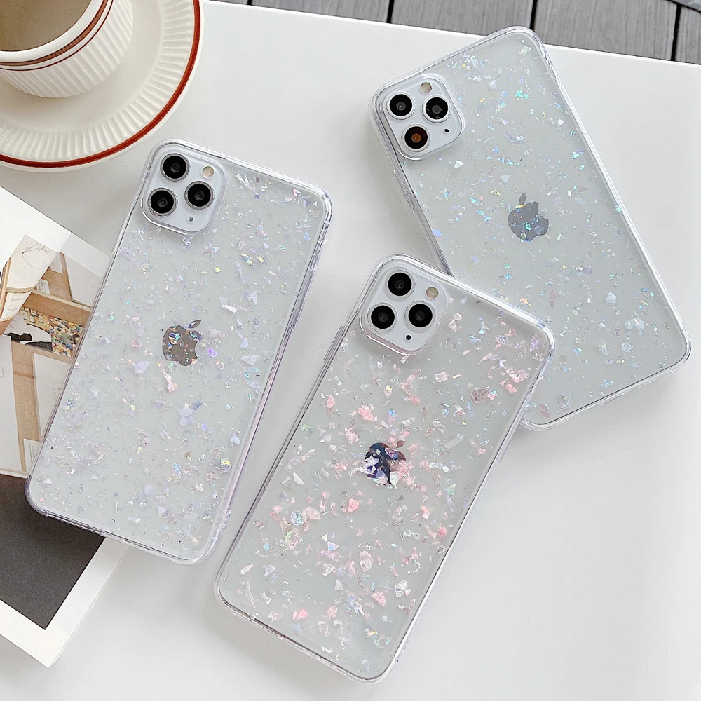 

Glitter Crystal Shell Clear Phone Case For iPhone 11 Pro Max X XR XS 7 Plus 12 12Pro Sparkle Bling Sequin Soft Cases Cover