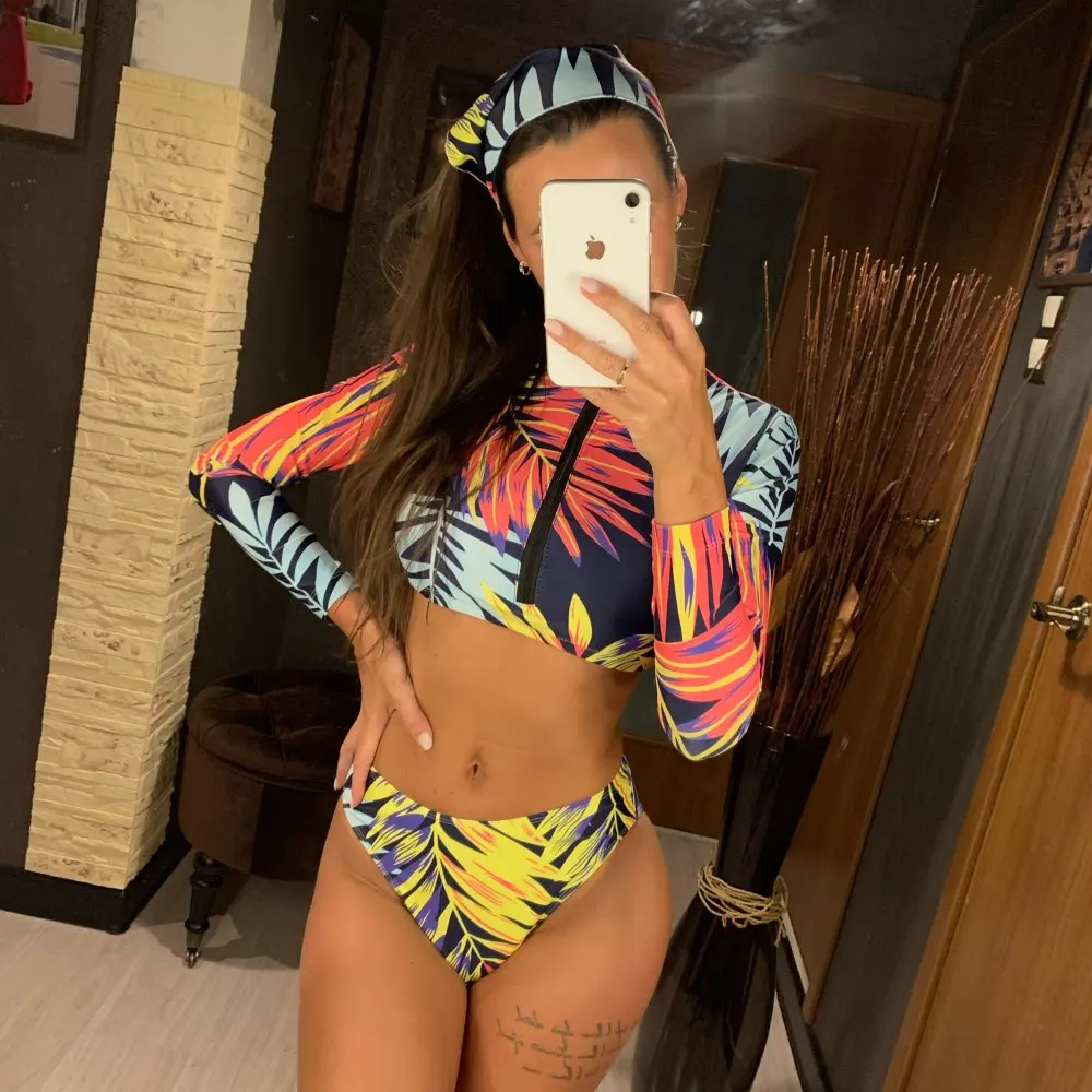 

2021 Sexy Long Sleeve Bikinis Women Swimsuit Green Leaves Print Bathing Suits Beachwear Brazilian Bikini Set Biquini Female
