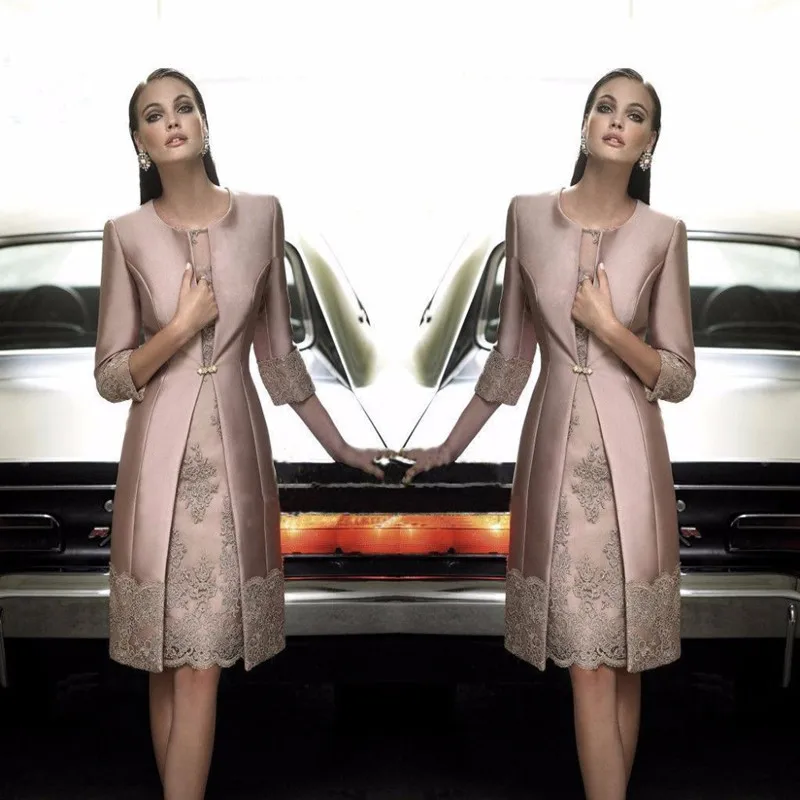 

Mother of the Bride Dresses 2021 Knee Length Mother Dress 3/4 Sleeve Lace Beads Jacket Evening Gown Vestido Madre Novia Prom