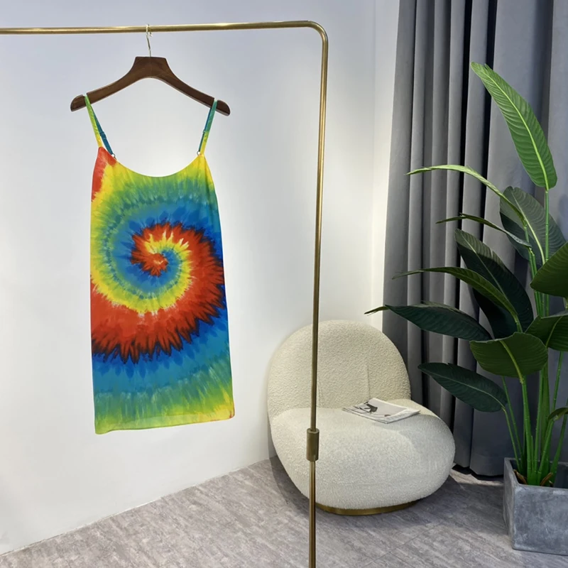 

Платье в пляжном стиле Tye-dye, женское летнее платье, лидер продаж 2021, яркий цвет, оригинальный Радужный сарафан на бретельках