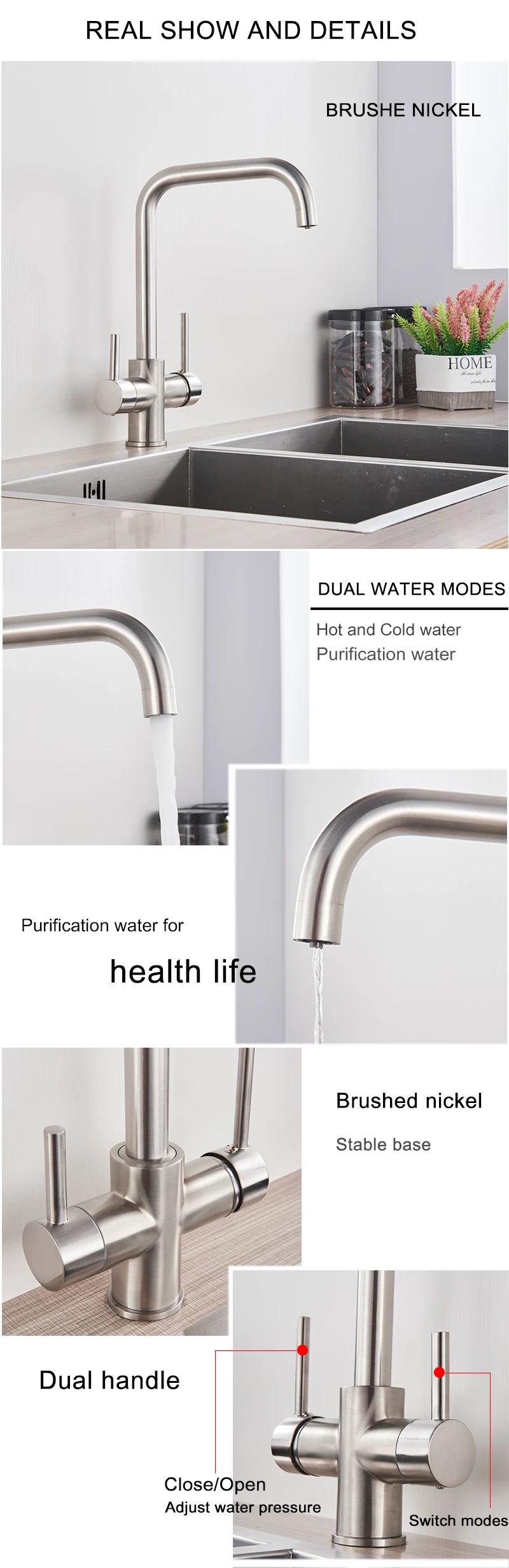 Rozin Brushed Nickel Purified Water Kitchen Faucet Dual Handles with Hot Cold Mixer Tap Brass Chrome Pure Water Filter Tap wall mount kitchen faucet