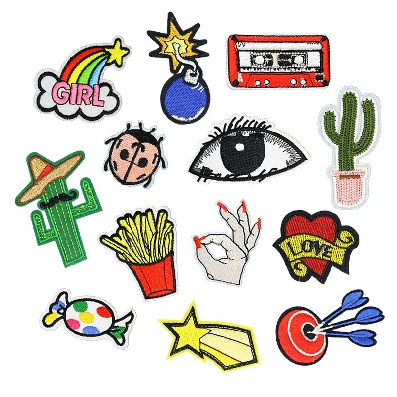 

50pcs/lot Embroidery Patches Letters Clothing Decoration Accessories Diy Iron Heat Transfer Applique Cactus Sugar French Fries