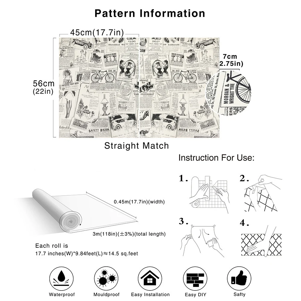 

Vintage Newspaper Peel and Stick Wallpaper Decorative Wall Sticker Waterproof Vinyl Self Adhesive Shelf Drawer Liner Home Decor