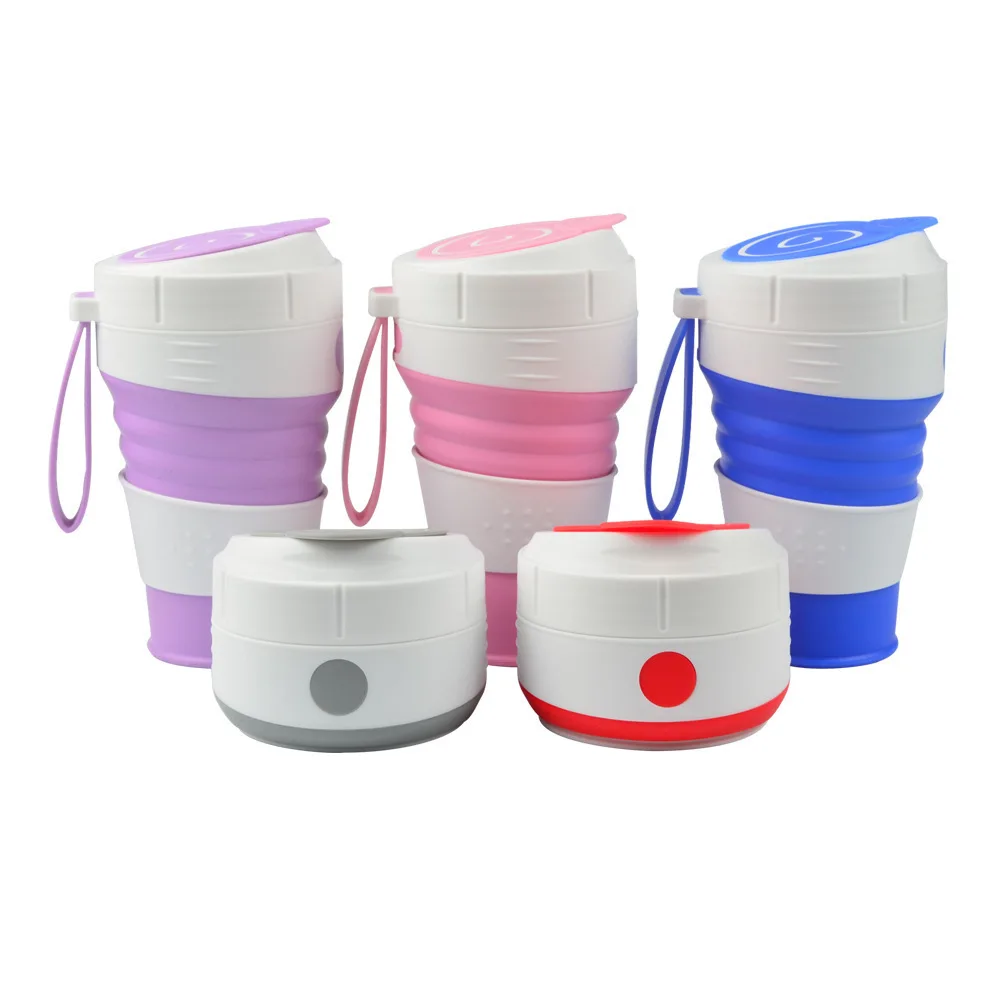 

New 450ml Folding Silicone 5 color Portable Silicone Telescopic Drinking Collapsible coffee cup folding silica cup with Lids