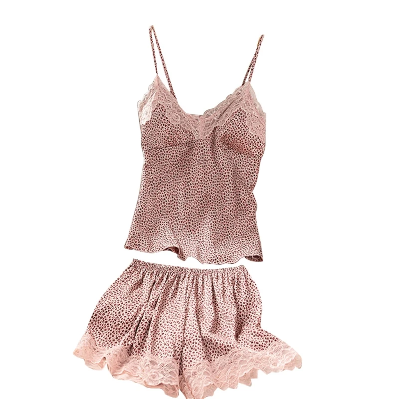 

Women Summer Leopard Print Pajamas Set Sexy Lace Padded Cami Tank Top Shorts 066C