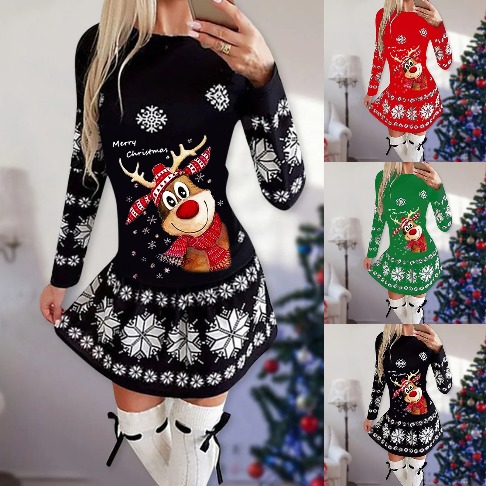 Women's  Christmas Dress Elk print Autumn And Winter New Long-sleeved Casual Sexy Dresses Female Bodycon Mini Dresses NEW