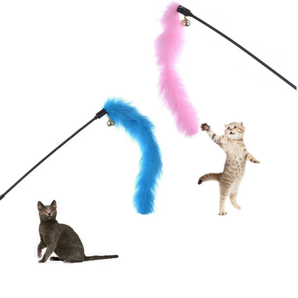 

Pink Blue color Turkey Feather Wand Stick For Cat Catcher Teaser Toy For Pet Kitten Jumping Train Aid Fun