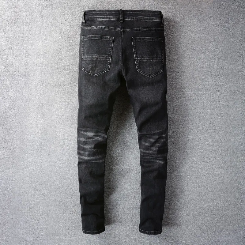 American Street Style Fashion Men Jeans Black Color Elastic Slim Fit Ripped Jeans Men Patches Designer Hip Hop Denim Hole Pants