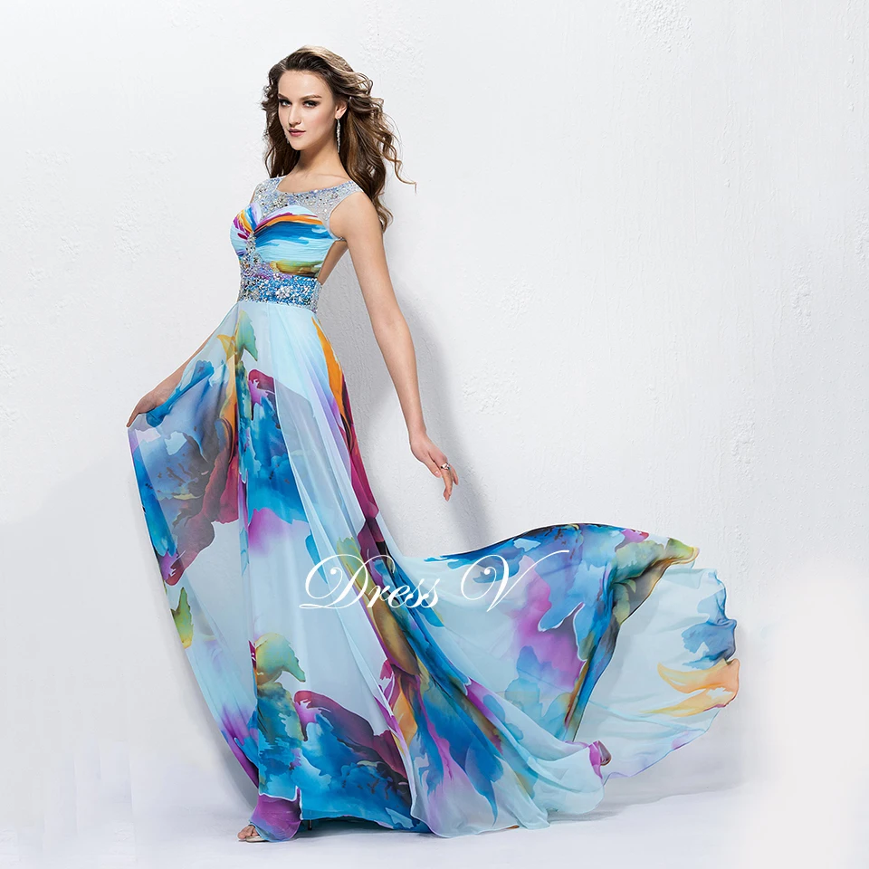 Dressv печать длинное платье с глубоким круглым декольте без рукавов линии простой спинки длиной до пола Вечерние платья для выпускного вечера