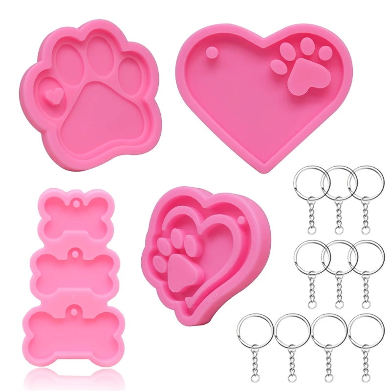

4 Pcs Dog Paw Silicone Moulds with 10pcs Keyrings Heart Dog Paw Bone Resin Mold R2LE