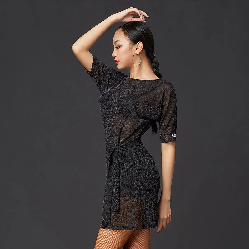 

Latin Dance Practice Clothes Women Adult Sexy See-Through Short Sleeve Dress Female Rumba Tango Samba Training Costume DWY4658