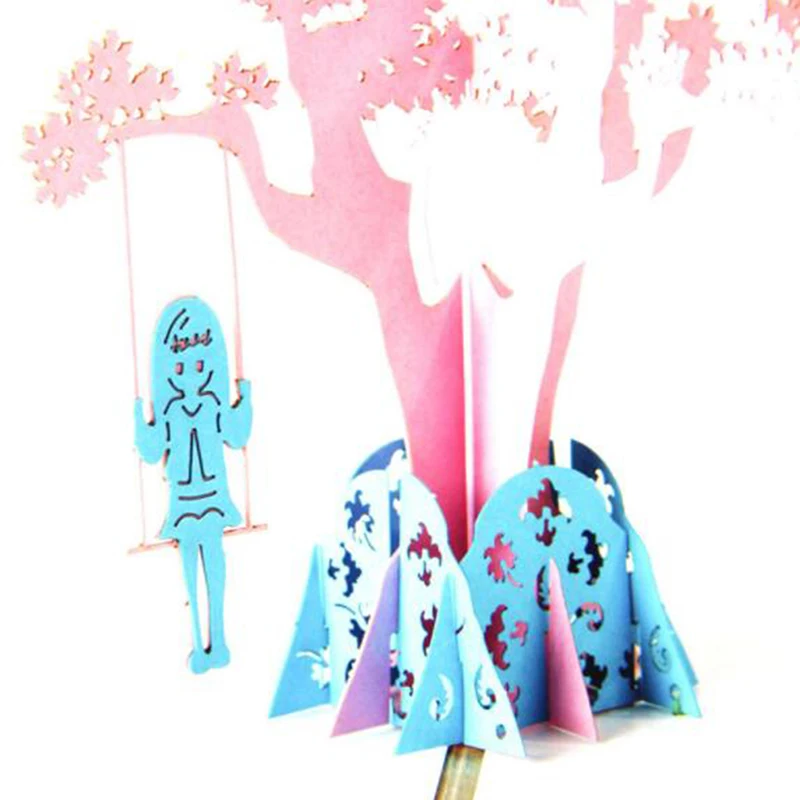 3D Pop Up Handmade Laser Cut Vintage Cards Swing Girl Creative Gifts Postcard Birthday Greeting For Children | Дом и сад