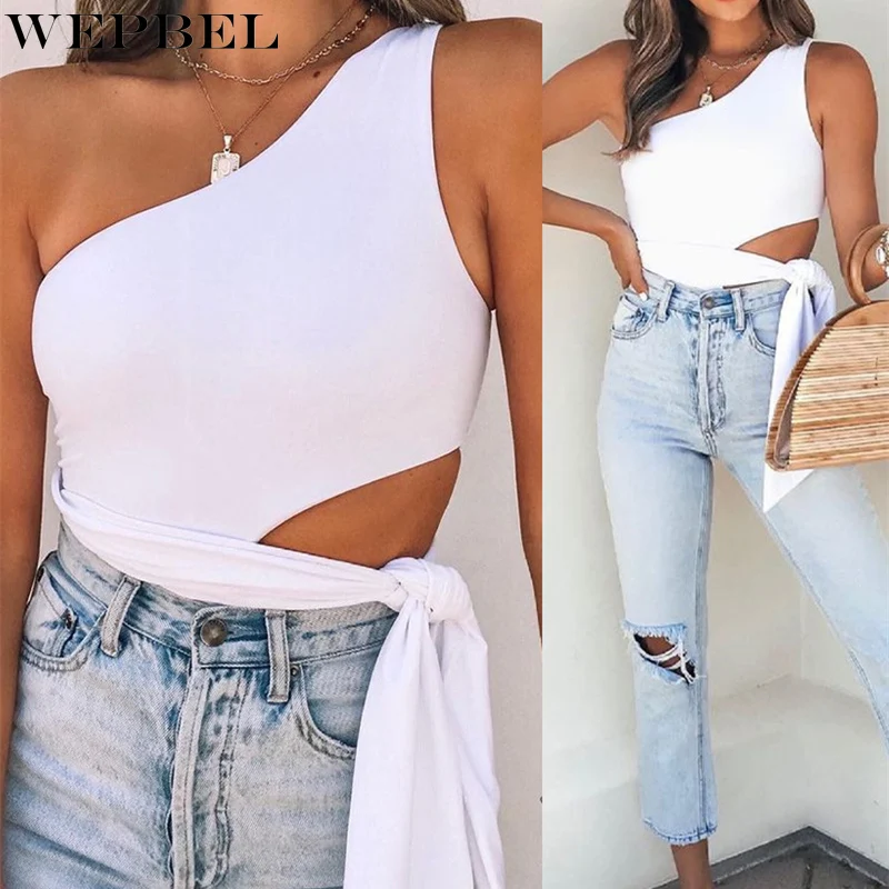 

WEPBEL Women Elegant Hollow Out T-shirt Top Ladies Sexy Summer One Shoulder Bandage T-shirt