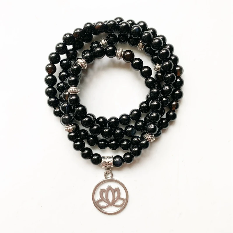 

Женские молитвенные бусины Mala 108, браслет с бусинами, Энергетический Браслет для здоровья, мужской черный Агат, хрусталь, 6 мм, ручная работа, ...