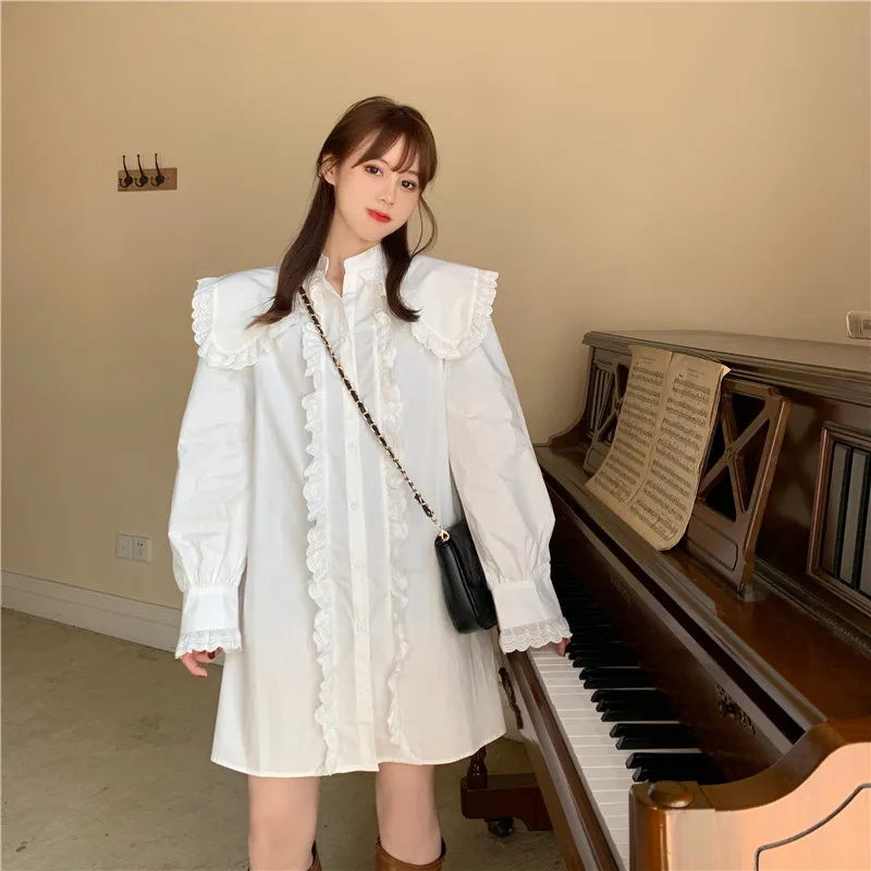 

Solid Color Dress For Women 2021 Spring Summer New Plus Size Fashion All-match Collar Lantern Sleeve Dresses Female LR1106