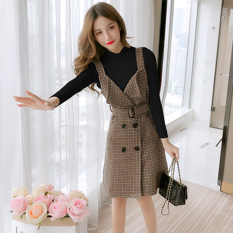 

Runway Office OL Work Wear 2 Piece Set Autumn Spring Bottoming Sweater + Double-Breasted Sashes Plaid Tweed Vest Dress Suit