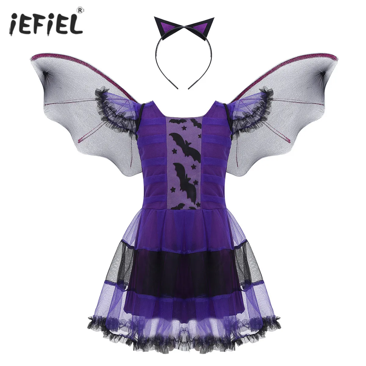 Kids Girls Princess Dress Witch Cosplay Party Costume Set Bat Halloween Fancy Children Clothes with Wing |