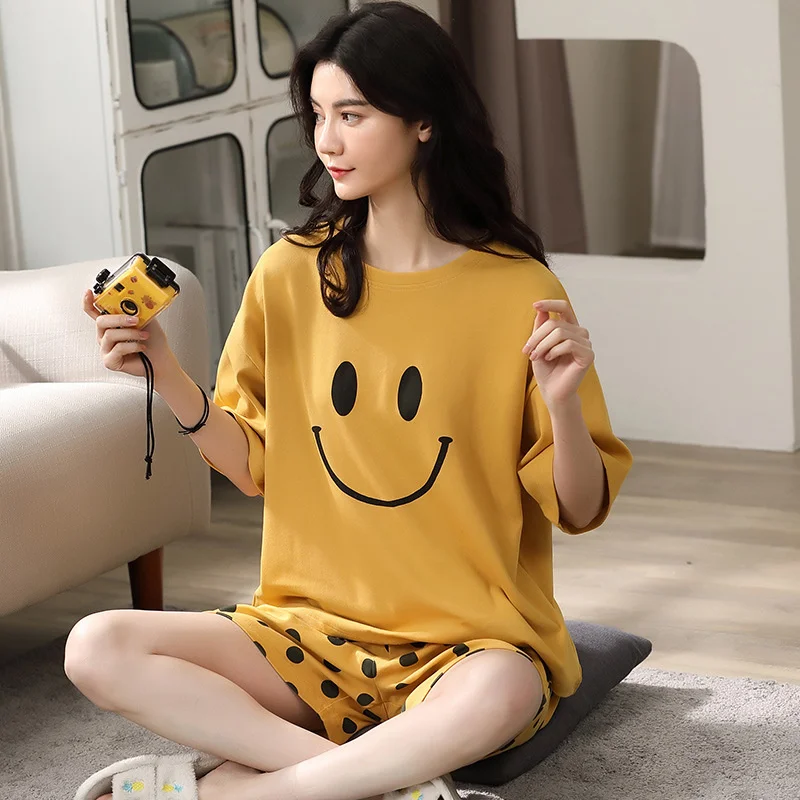 

Summer Pajamas Girl Short Sleeve Round Neck Cute Smile Thin Cool Girl Student Two Piece Suit pajama sets
