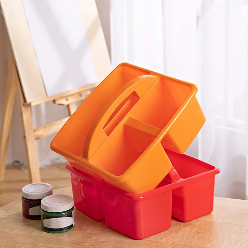 

Portable Storage Caddies Box Plastic Divided Basket Bin with 3 Compartments Office Desk Organizer for Art Paint Brushes Colored