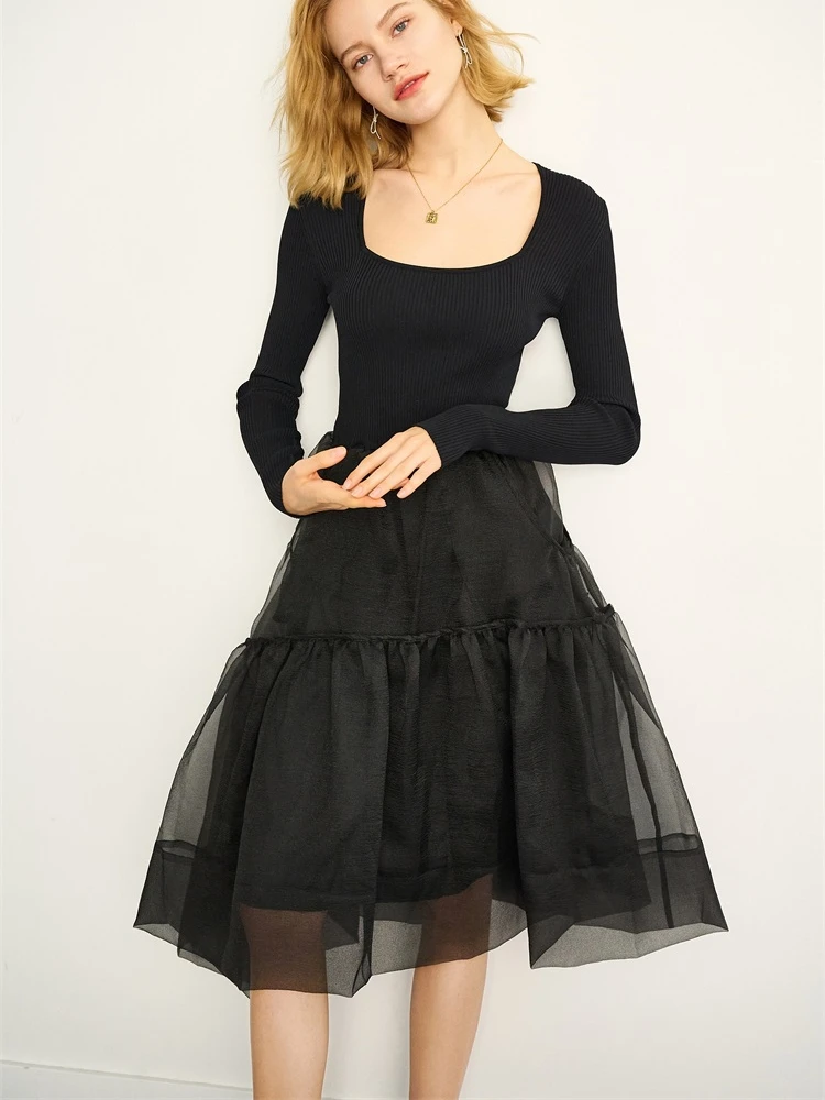 

High Quality Women Fashion Spring Elegant Ladies Temperament U-Neck Knit Puffy Yarn Stitching Long-Sleeved Dress