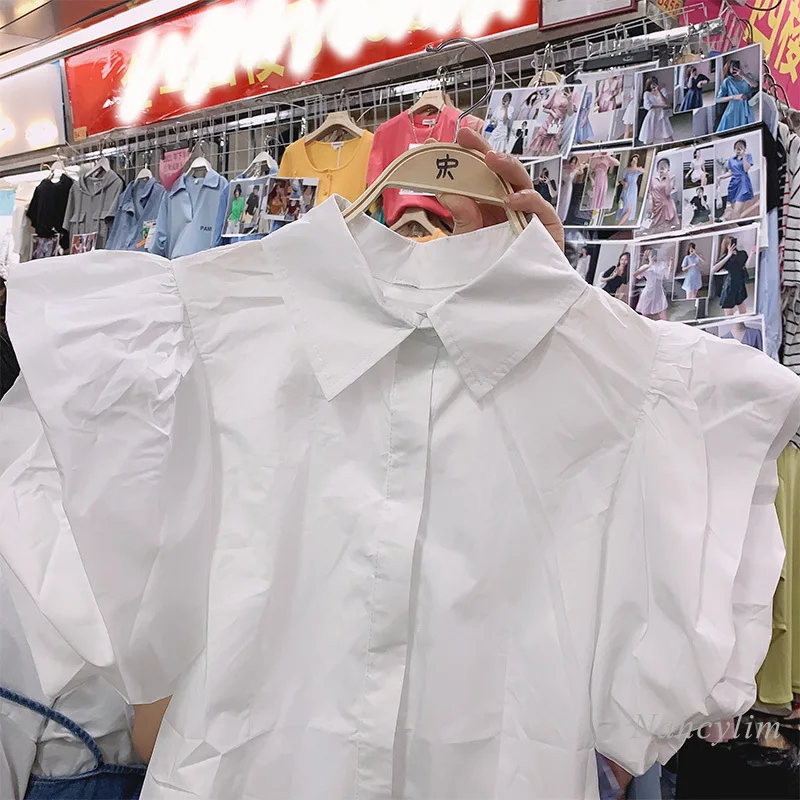 Temperament Lady Chic Top chemises d'été pour femmes, manches bouffantes, revers tout assorti, couleur unie, 2021