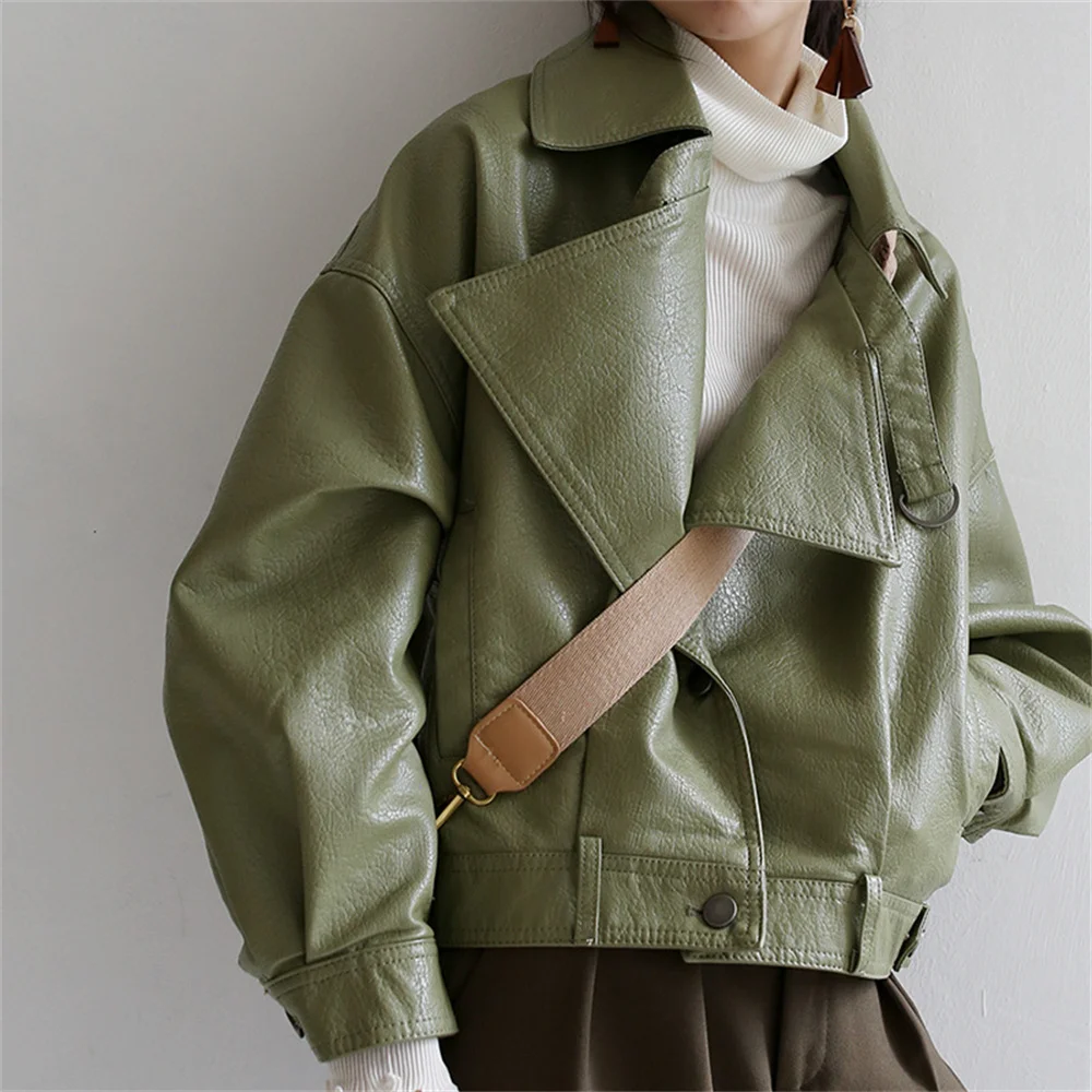 

Женская короткая куртка, весна-осень 2021, Корейская однотонная Свободная куртка с лацканами, локомотивная куртка из искусственной кожи, Мале...