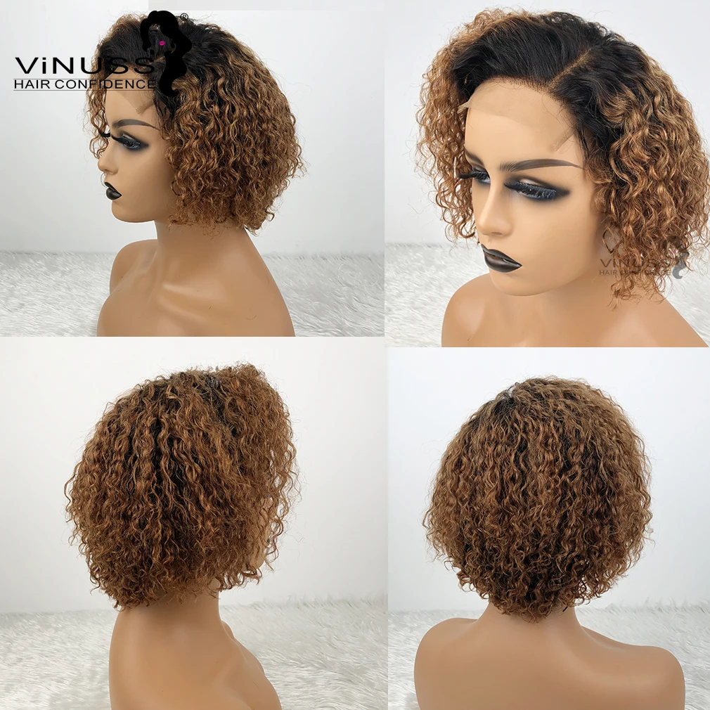 

Short Pixie Cut Curly 4x4 Lace Closure Human Hair Wigs For Women Ombre 1b/30# Pre Plucked Bleached Knots Indian Hair Wig VINUSS