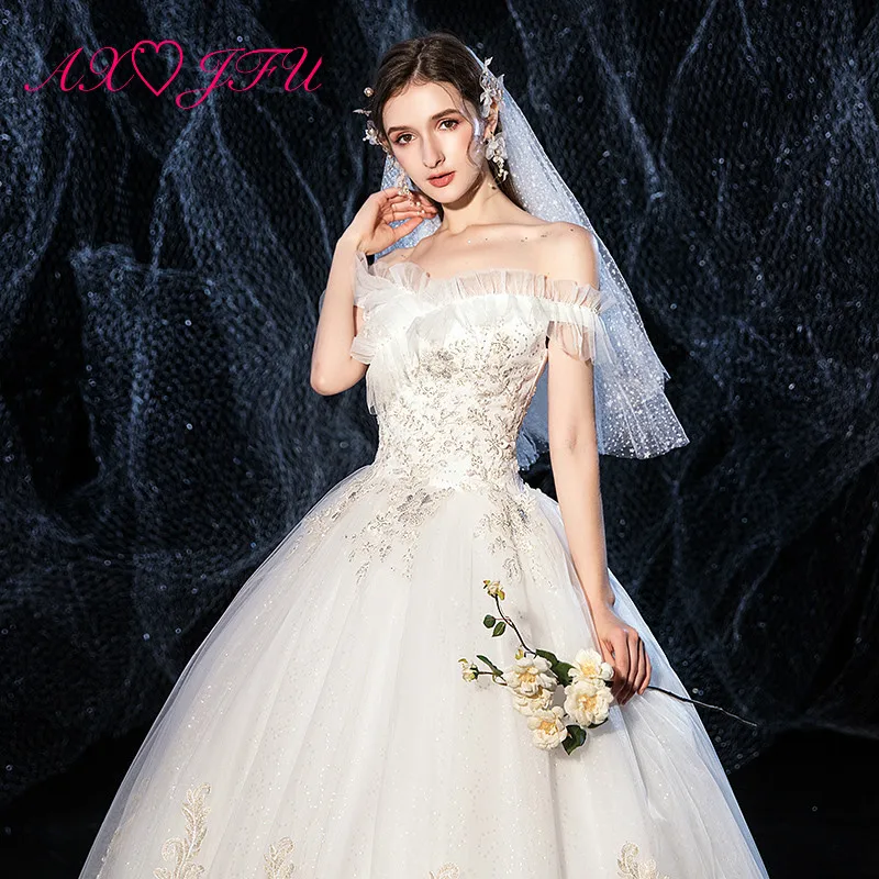 

AXJFU princess champagne flower white lace wedding dress party vintage boat neck beading crystal ruffles white wedding dress
