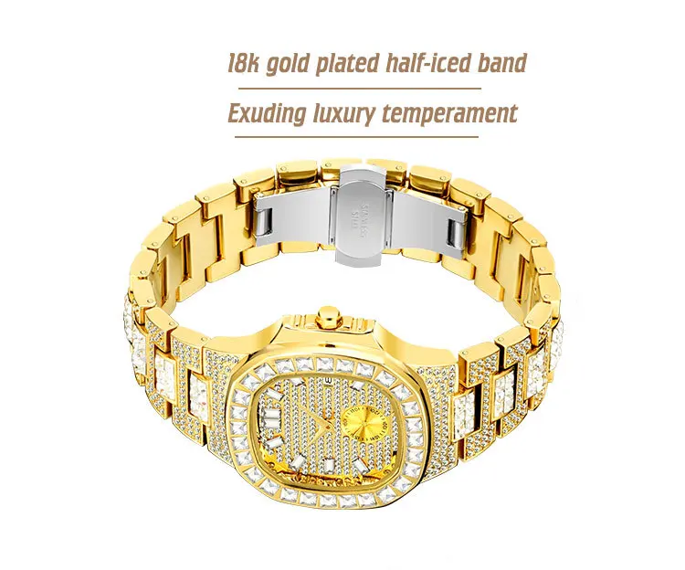 

Missfox18k gold men's watch fashion punk hip hop diamond waterproof quartz watch display calendar top quality luxury brand gift
