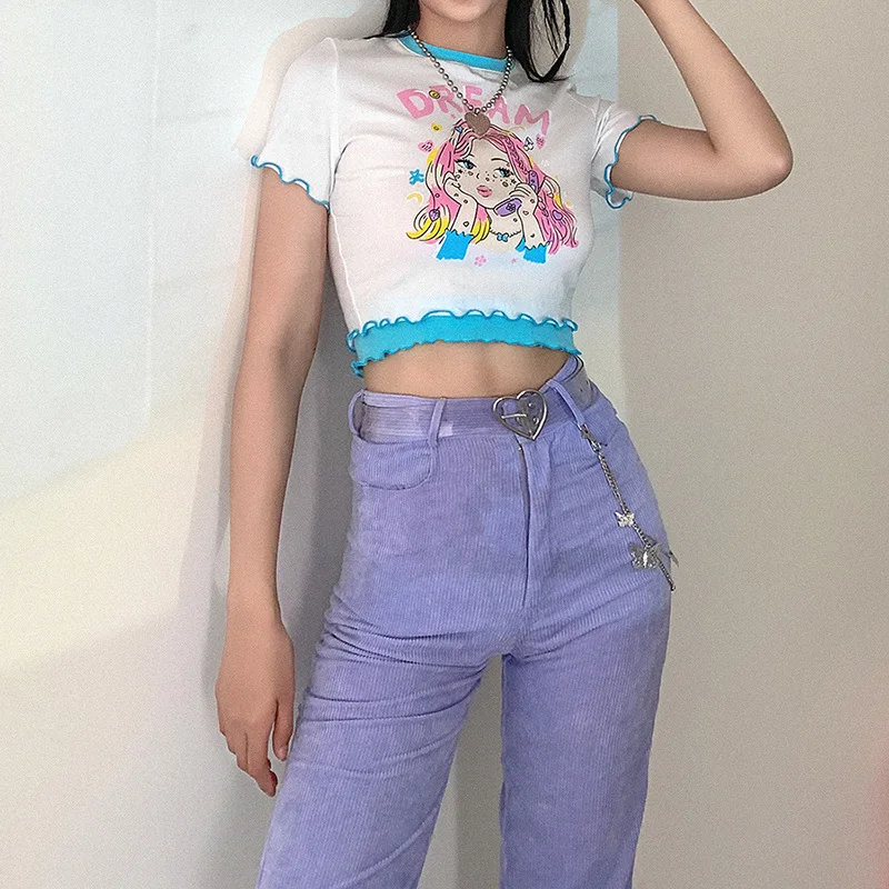 

2020 Cartoon Beauty T-Shirt Summer Tops Streetwear Sexy Short Top Women Tight Petal Sleeve Tee Tees