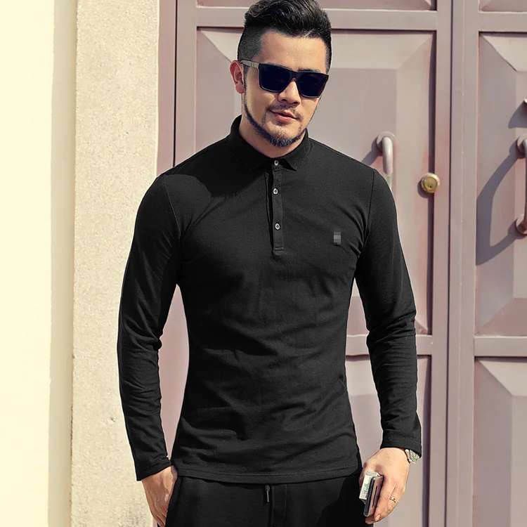 Мужская Специальная вышитая хлопковая эластичная рубашка поло с длинным рукавом