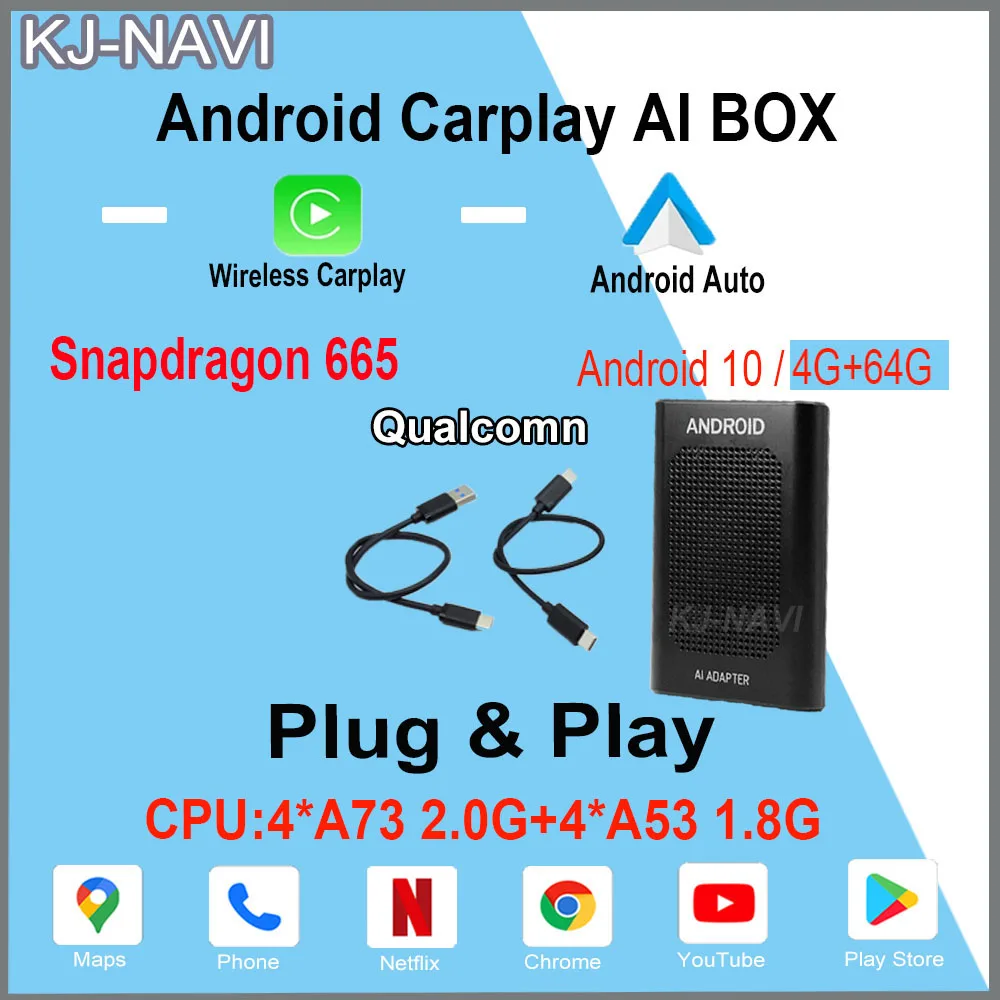 

Автомобильный мультимедийный плеер, 4 + 64 ГБ, 4G Lte, для Apple Carplay, AI Box, беспроводной, Carplay, Android, автоматический Plug and Play, Bluetooth