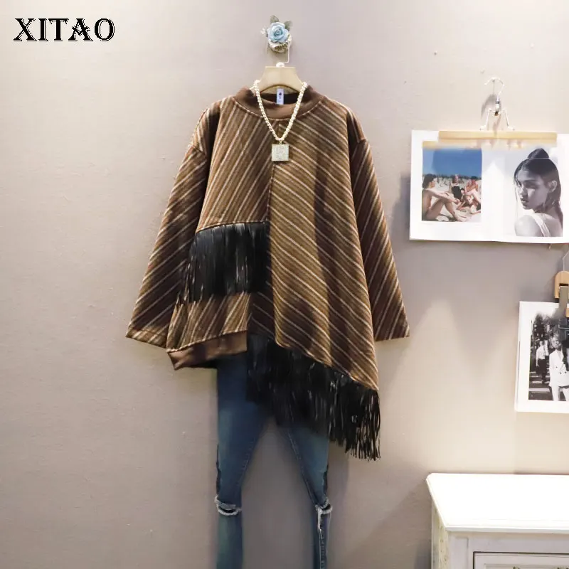 

XITAO Асимметричная Толстовка Модный пуловер в полоску с длинным рукавом, богиня веер, повседневный стиль, плиссированная 2021, элегантный свит...