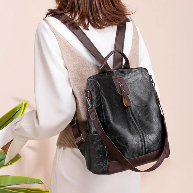 

Fashion Vintage PU Leather School Backpack Women Casual Solid Color Travel Backpack Storage Bag