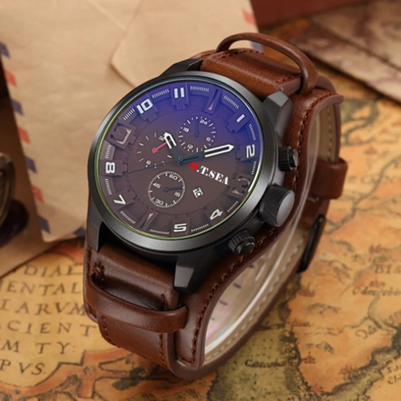 Роскошные кожаные часы Мужские Военные Спортивные кварцевые наручные 2019 Самые