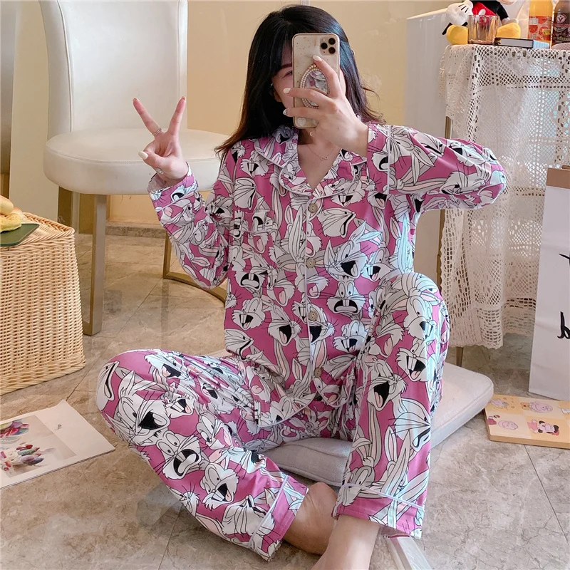

Autumn Cartoon Rabbit Print Women Pajamas Sets Long Sleeve Sleepwear Cotton Pyjamas Thin Pijama Female Mujer Homewear